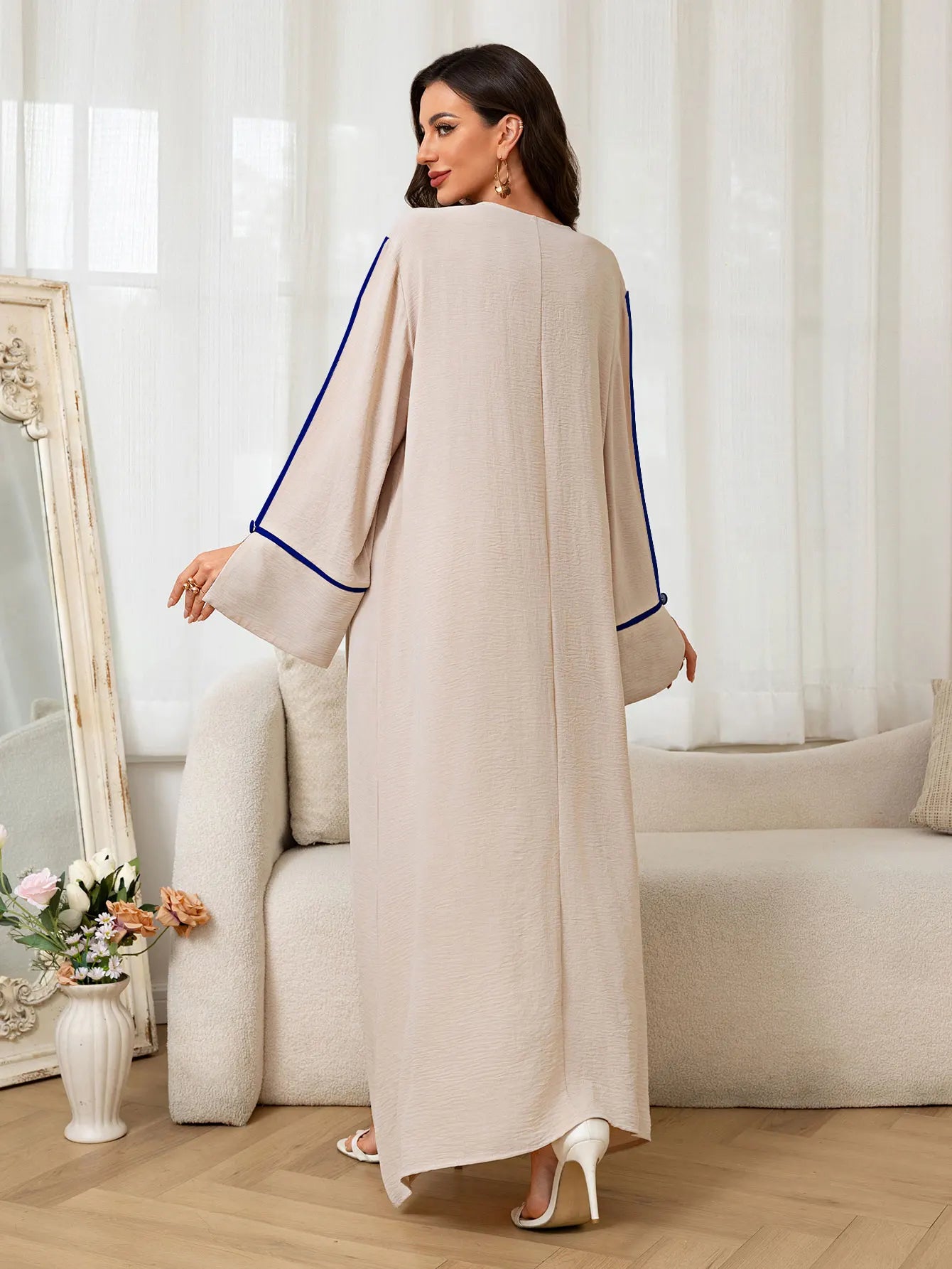 Beige Abaya Embroidered with Blue Patterns on Neckline Sleeves with Trim for Middle East Daily Wear Islamic Festivities Ramadan.