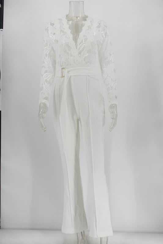 Women White Jumpsuit Lace Stitching Long Sleeve V-neck Large Size Wide Leg Pants Office Lady  Jumpsuits for Woman Lugentolo.