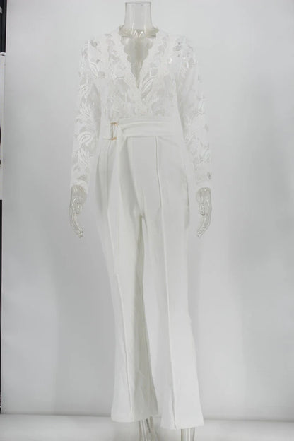 Women White Jumpsuit Lace Stitching Long Sleeve V-neck Large Size Wide Leg Pants Office Lady  Jumpsuits for Woman Lugentolo.