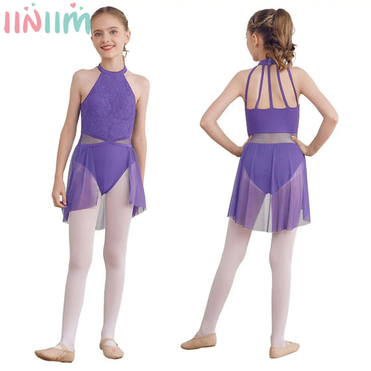 Mädchen Ballett Gymnastik Trikot lyrischen Tanz kleid ärmellose florale Spitze Tutu Tanz kleidung für Eiskunstlauf Bühnen performance