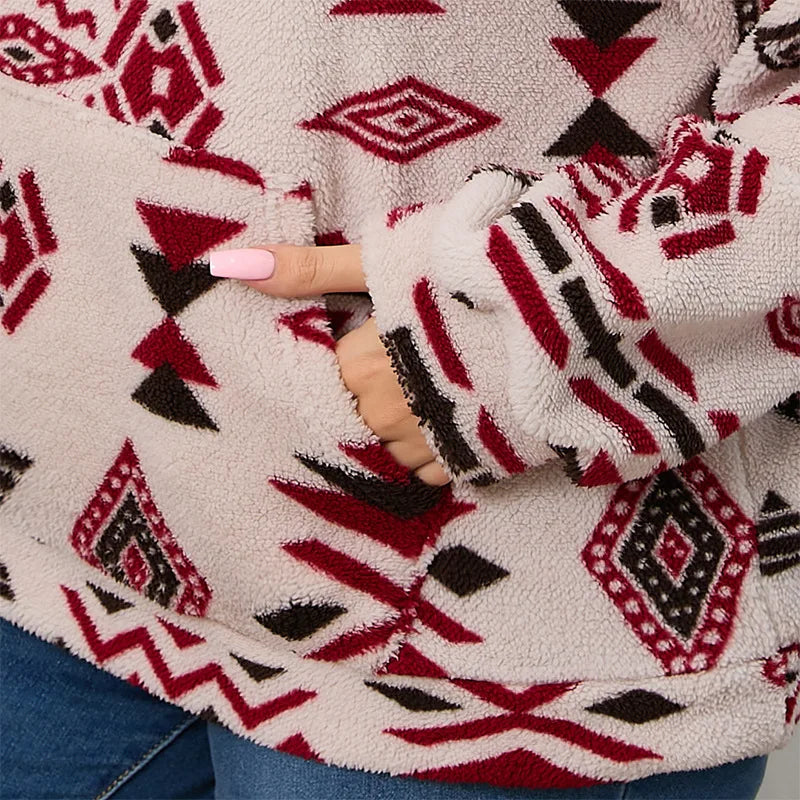 Kapuzenpullover für Damen, große Größe, Reißverschluss-Sweatshirts, ethnischer Druck, flauschiger Streetwear-Pullover, Herbst-Winter-Rollkragenpullover.