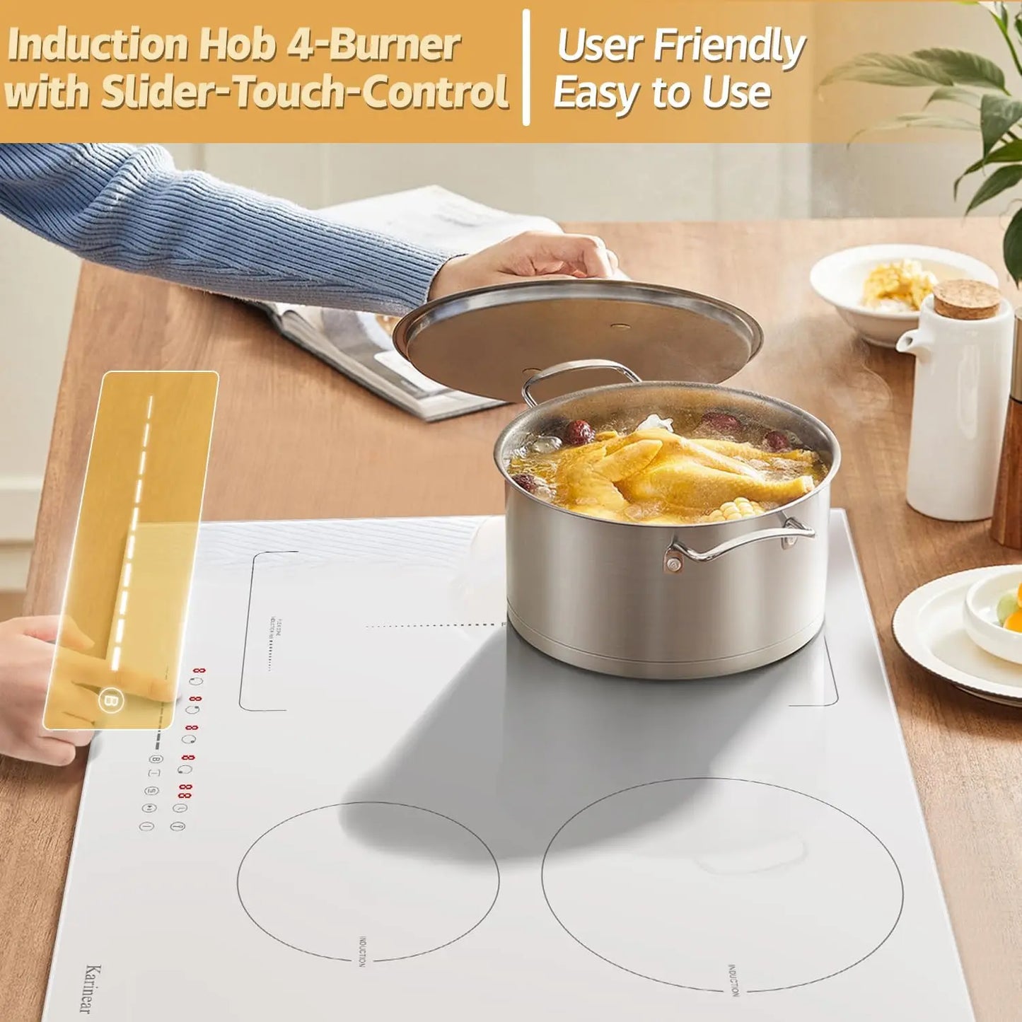 Karinear Induction Hob 4 Zones with Plug, 59CM, 3500W, White Ceramic Glass, Combination Zones, Sliding Controls, 9 Power Levels.