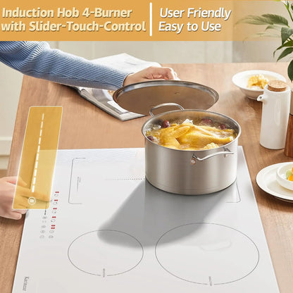 Karinear Induction Hob 4 Zones with Plug, 59CM, 3500W, White Ceramic Glass, Combination Zones, Sliding Controls, 9 Power Levels.