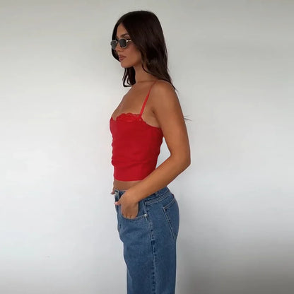 Top Sexy Hot Girl Sommer Slim Fit Einfarbig Spitze Patchwork Hosenträger.