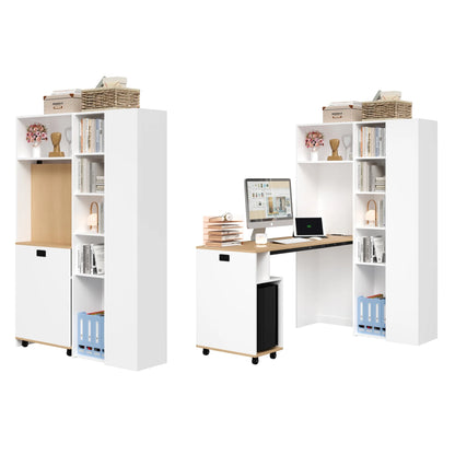 Klappbarer Schreibtisch mit Regalen – 2-in-1-Bücherregal und Schreibtisch, klappbar, mit Steckdose und USB-Anschluss, höhenverstellbare Regale