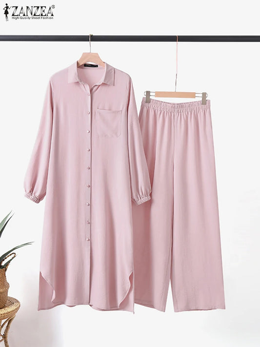 ZANZEA Vintage Muslim Suit Solid Color Lapel Neck Long Sleeve Blouse Pant Ramadan Islamic Clothing Fashion Casual Turkey Outifit.