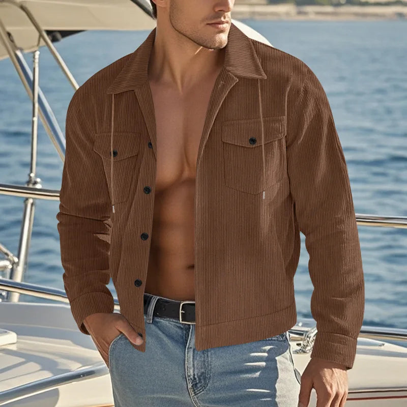 Men's Corduroy Jacket Stand-up Collar Slim Fit Retro Multi-pocket Workwear Commuter Coat for Spring And Autumn