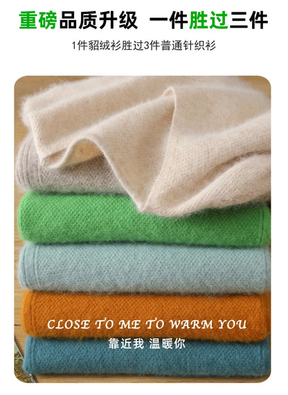 Men's 100% Pure Mink Cashmere Sweater V-Neck Pullovers Knit Large Size Mink Sweater Winter New Tops Long Sleeve High-End Jumpers.