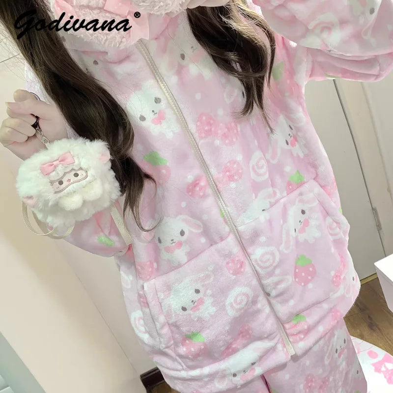 Japanese New Winter Sweet Cute Cartoon Rabbit Flannel Pajamas Set Daughter Girls Pink Thickened Loungewear Women's Sleepwear.
