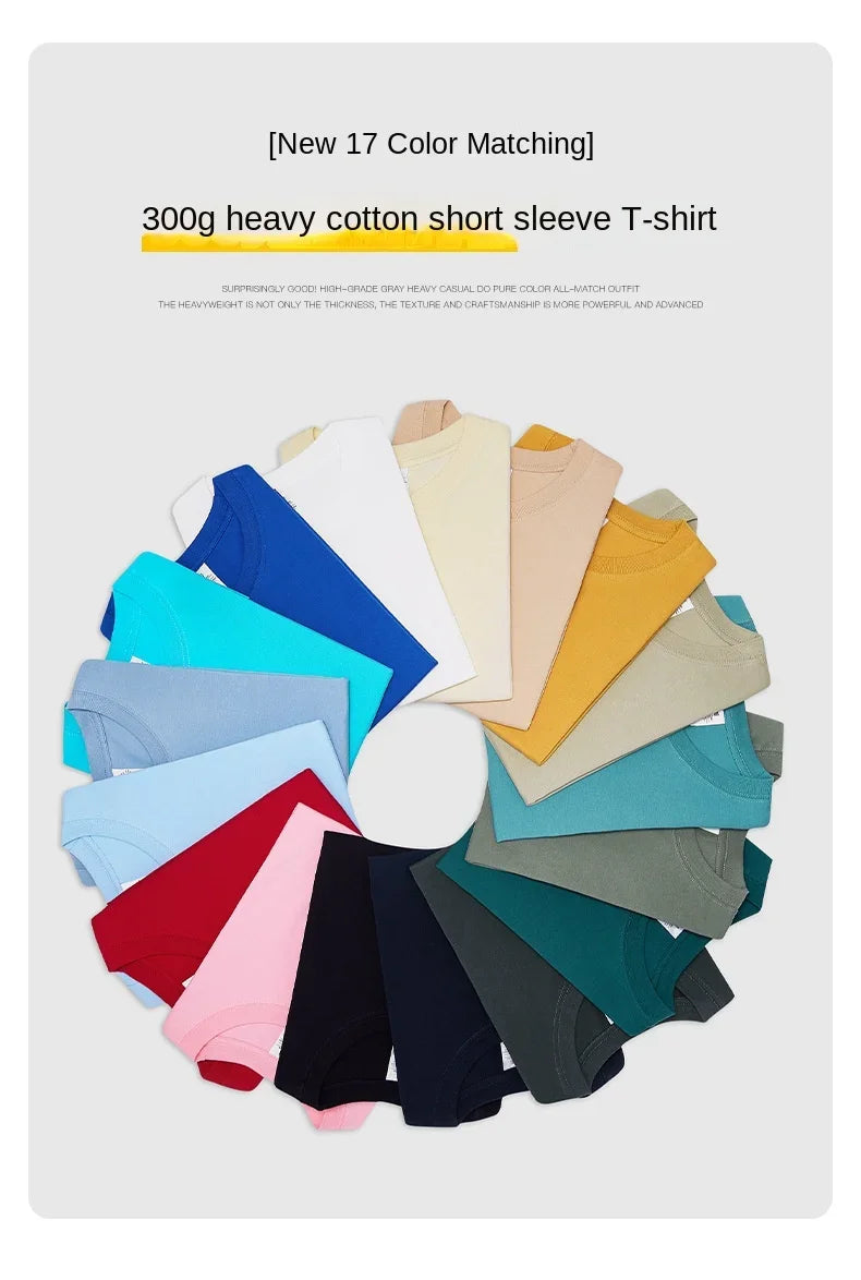 300g Cotton T Shirts Men Short Sleeved Heavyweight  Summer Round Neck Loose Breathable Shirt for Men Women Basic Tee.