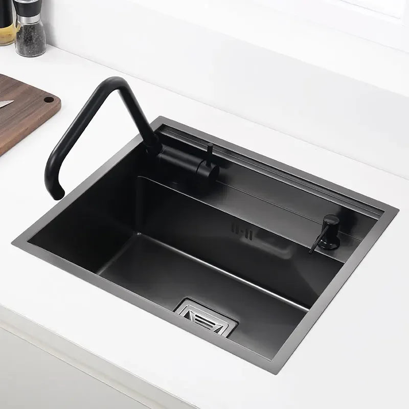 Hidden Black Kitchen Sink Bowl Bar Stainless Steel Balcony Sink Concealed Black Bar Sink with Clean Water Tap Open Kitchen