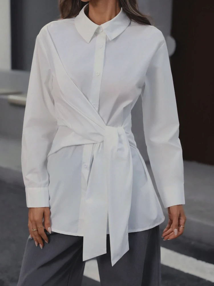 Women's Classic Collar Button-Up Long Sleeve Shirt with Waist-Cinching Belt Elegant Retro Style Adjustable Fit.
