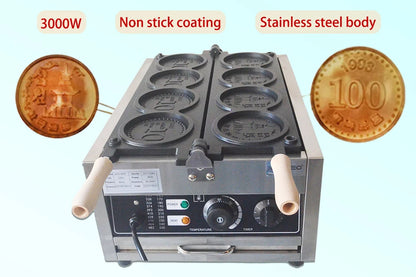 XEOLEO Commerical 4PCS Korean Coin Waffle Maker 3000W Non-stick Coating Gold Coin Bread Waffle Making Maker Electric/Gas.