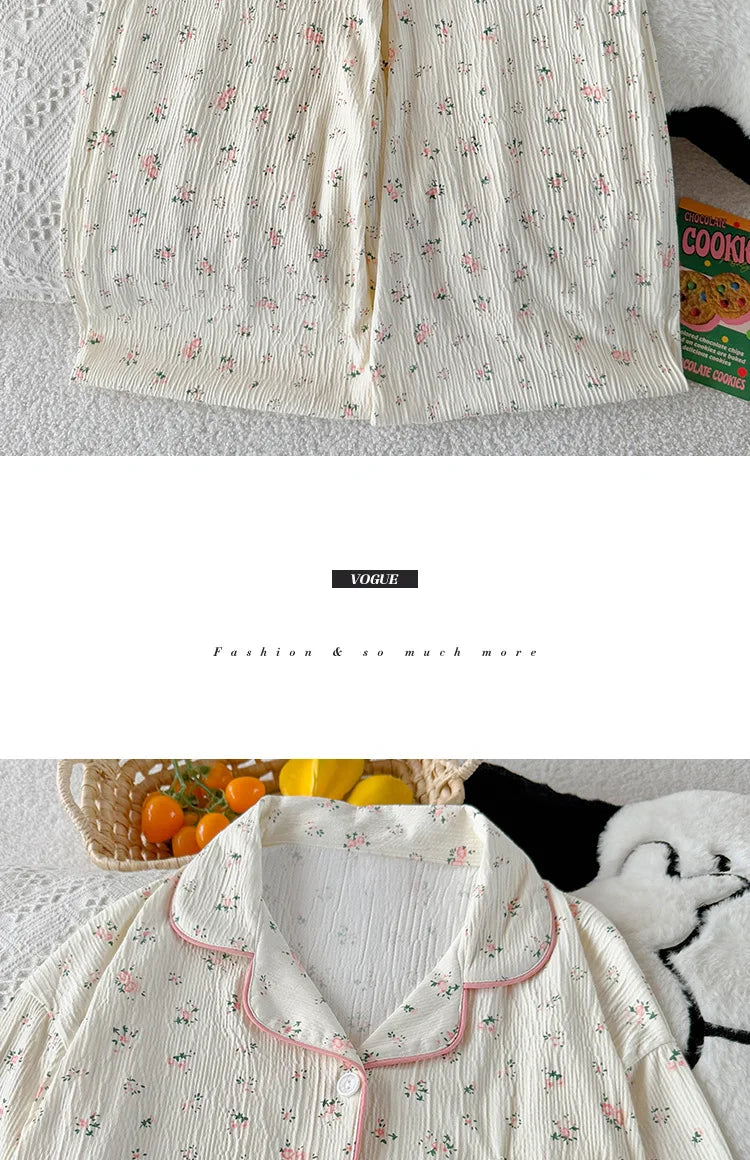 Sweet Little Floral Pajamas Women's Spring and Autumn Long Sleeves New High-Value Niche Pajamas Loungewear Wrinkle Cloth Set.