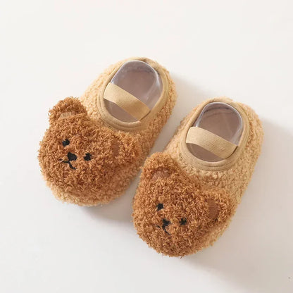 Warm Newborn First Walker for Boy Girl Cartoon Animal Bear Indoor Non-slip Floor Shoes Winter Fury Plush Floor Shoes