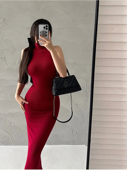 Rot Dünne Sexy Rollkragen Midi Kleid Frauen Abend Party Damen Elastische Hüfte Wrap Elegante Bodycon Kleider Y2k Kleidung.