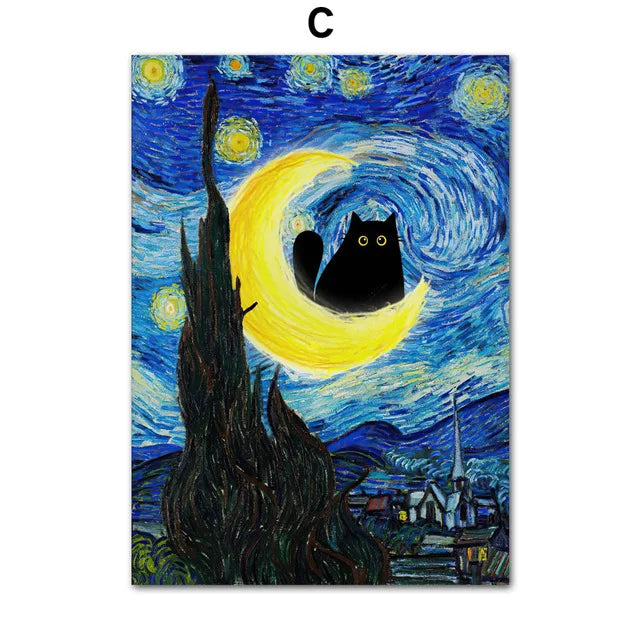 Funny Art Matisse Monet Black Cat Van Gogh Sunflowers Canvas Painting Posters and Prints Wall Pictures for Living Room Decor.