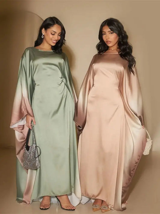Gradient Batwing Butterfly Sleeve Satin Abaya Dubai Luxury Muslim Kaftan Dress For Women Kebaya Caftan Marocain Femme Vestidos.