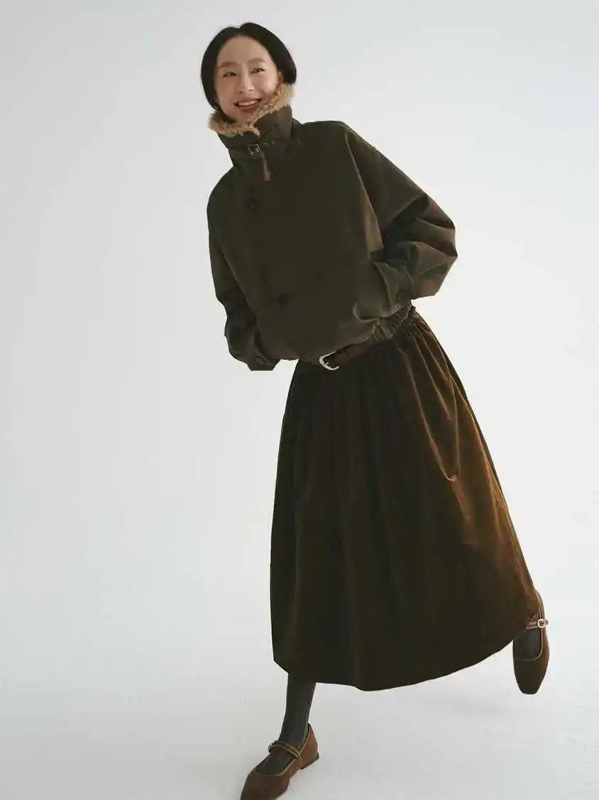 Advanced Retro Brown Skirt For Women In Autumn And Winter Fashion, Corduroy High Waist Slimming Skirt.