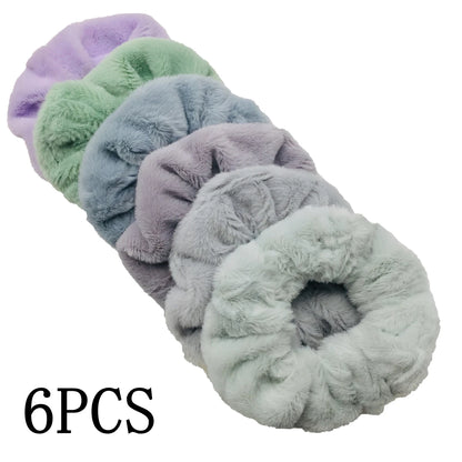 6pc Hair Scrunchies Furry Elastic Band Women Girl Ponytail Holder Rubber Ties Accessories Plush Faux Fur Soft Chiffon Headband