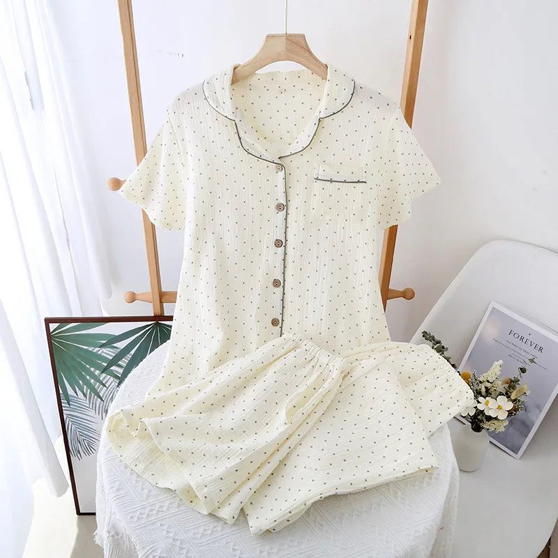 Pajamas pure cotton three-piece set spring and summer thin crepe autumn gauze lapel short-sleeved trousers shorts loungewear set