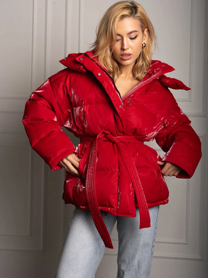 Frauen Glänzend Herbst Winter Mit Kapuze Baumwolle Gefütterte Jacke Lose Lange Hülse Spitze Up Warme Mantel 2025, Neue Dame Mode Party outwear