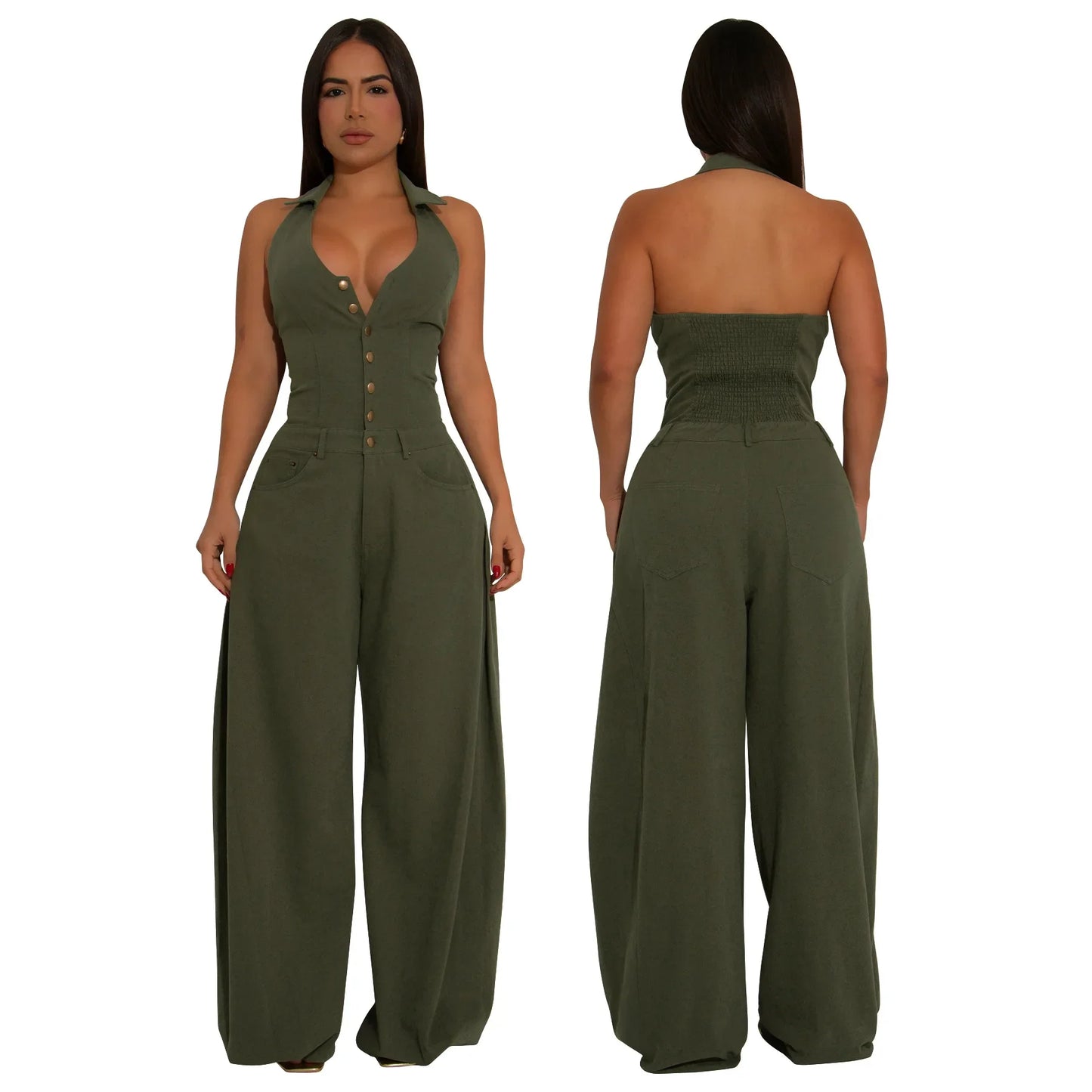Fashionable Backless Casual Romper with Pockets for Women Summer Breathable Lightweight Solid Color One-Piece Suit.