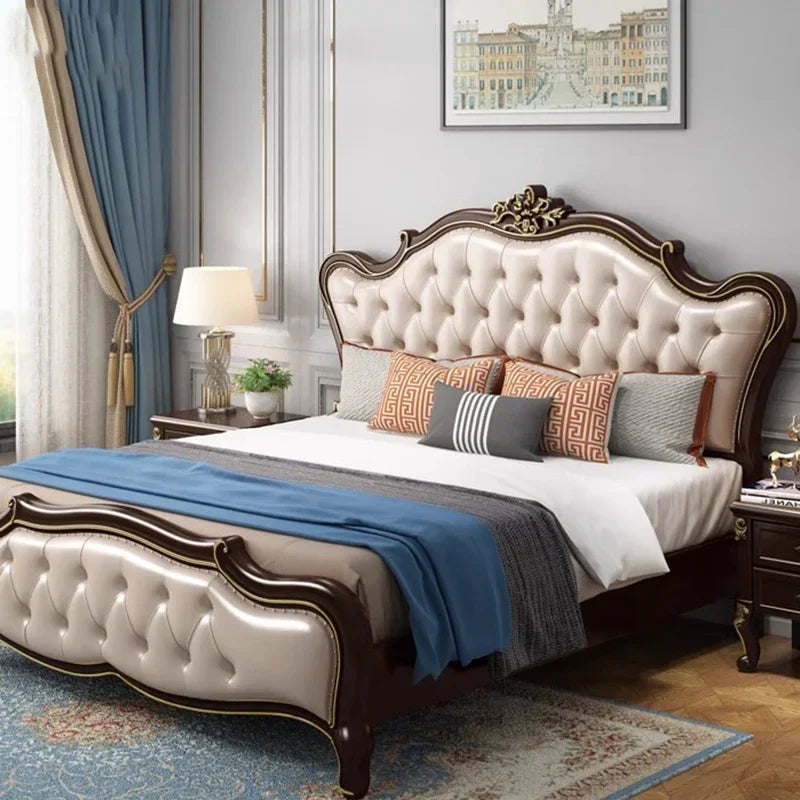 Europäisches Luxus-Doppelbett, modernes weißes King-Size-Doppelbett mit ästhetischem Rahmen, hochwertiges, schlafendes, beleuchtetes Deux-Tischmöbel für Schlafzimmer