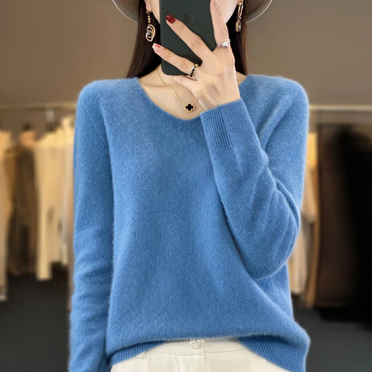 2024 100% Merino Reine Wolle V-ausschnitt Herbst Und Winter Pullover Pullover Neue Kaschmir Pullover frauen Beiläufige Gestrickte Top DMR201