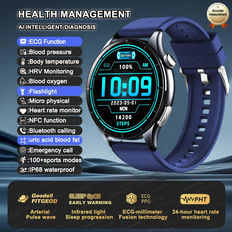 2025 New NFC  Health MonitorUric Acid Blood Pressure Blood oxygen Body Analysis Smart Watch ECG+PPG Clock Smartwatch Men lady