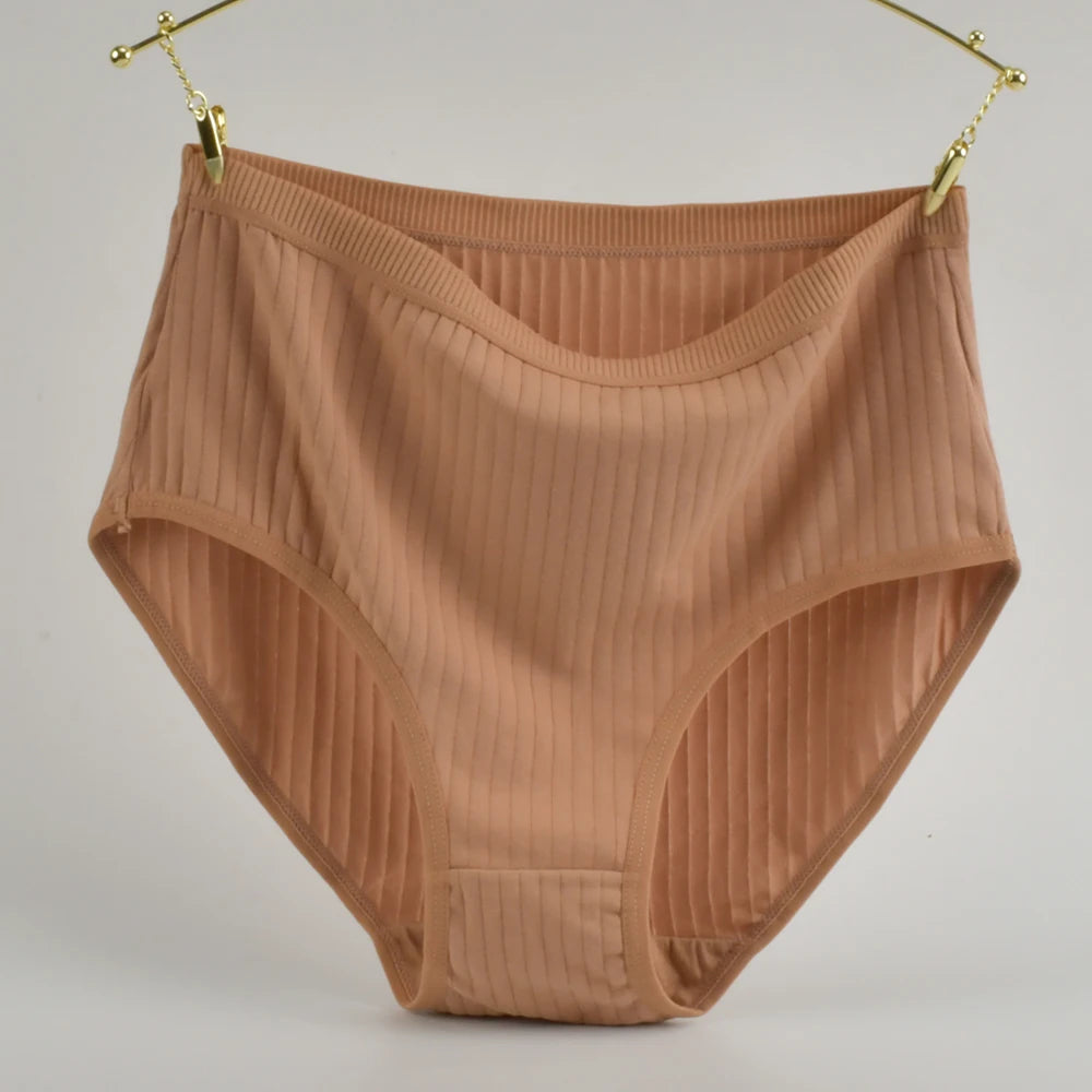 1pc Women's Cotton High Waist Panties – Vertical Stripe Plus Size Underwear Breathable Solid Lingerie Shorts Simple Lady Briefs