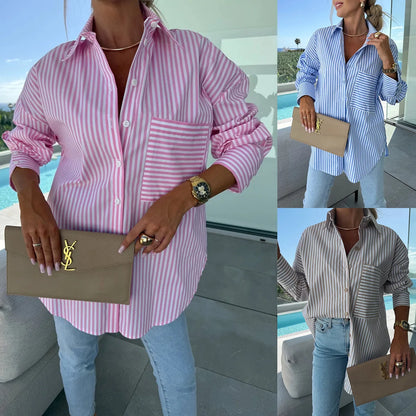 2025 New Women's Shirt Long Sleeve Striped Pocket Button Blue Casual Loose Top Street Office Pink Blouses.