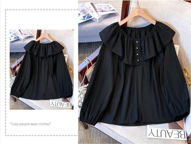 2025 French Large Size Long Sleeve O-neck Solid Color Loose Ruffle Shirt Ladies Spring Autumn Plus Size Blouses for Women.
