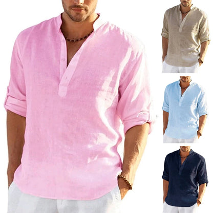 2022 New Men's Linen Long Sleeve T-Shirt Solid Color Loose Casual T-Shirt Long Sleeve Cotton Linen Shirt Plus Size.