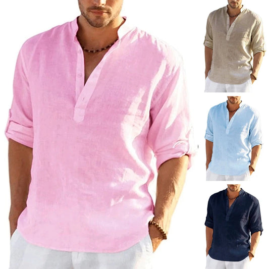 2022 New Men's Linen Long Sleeve T-Shirt Solid Color Loose Casual T-Shirt Long Sleeve Cotton Linen Shirt Plus Size.