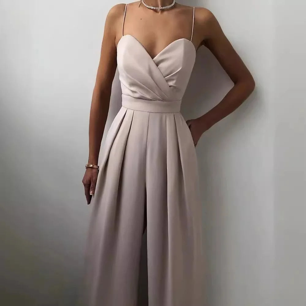 Summer Women's Sexy Sleeveless Spaghetti Jumpsuit Fashion Elegant Commuter High Waist Wide Leg Solid Color Casual Floor Pants.