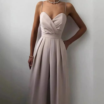 Summer Women's Sexy Sleeveless Spaghetti Jumpsuit Fashion Elegant Commuter High Waist Wide Leg Solid Color Casual Floor Pants.