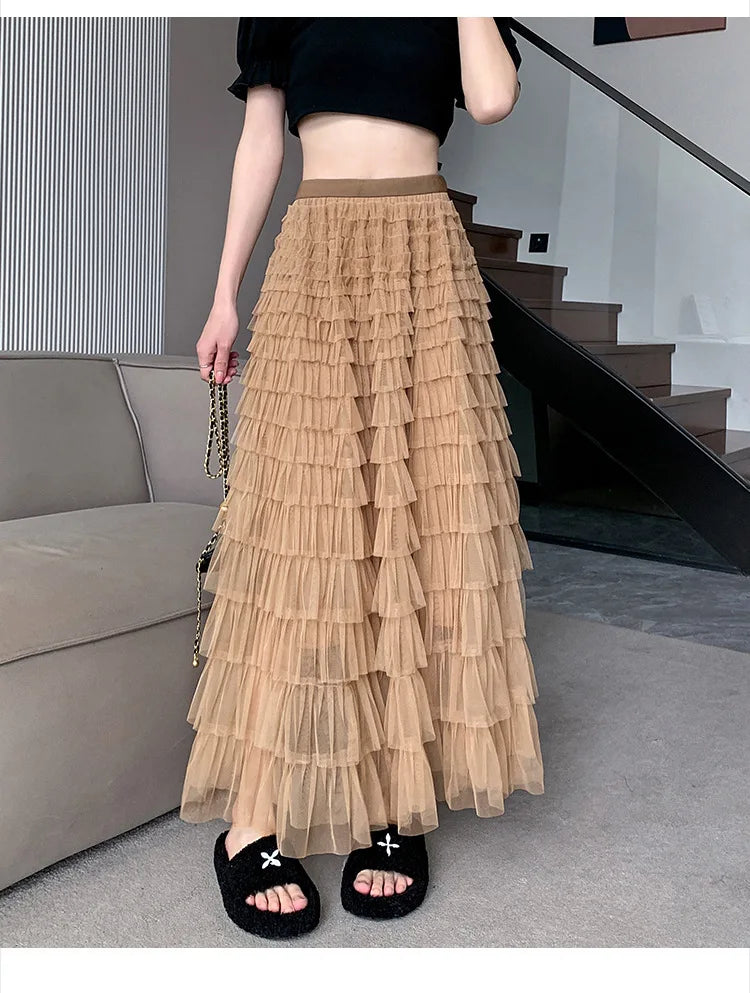 Chamliforve Women Tulle Mesh Skirt Elegant Elastic Waist Fairy Long A-line Tutu Skirt for Spring Summer Long Cake Skirt
