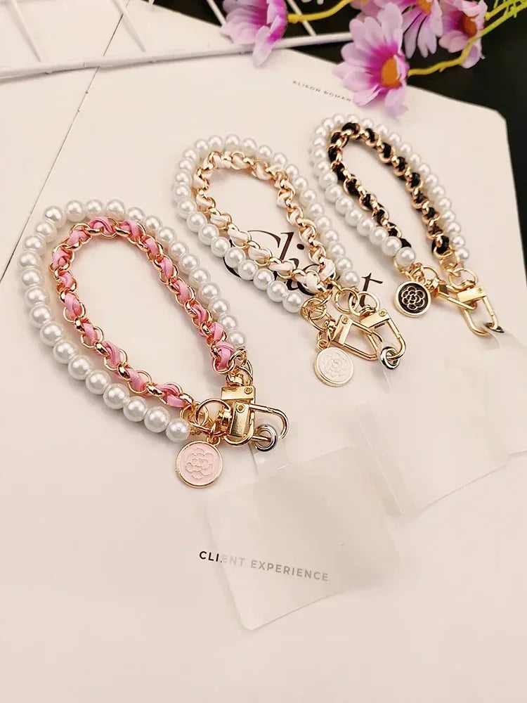 26cm Leather Pearl Camellia Mobile Phone Charm Bracelet Chain Anti-lost Universal Cell Phone Strap Rope Pendant Metal Key Chain.