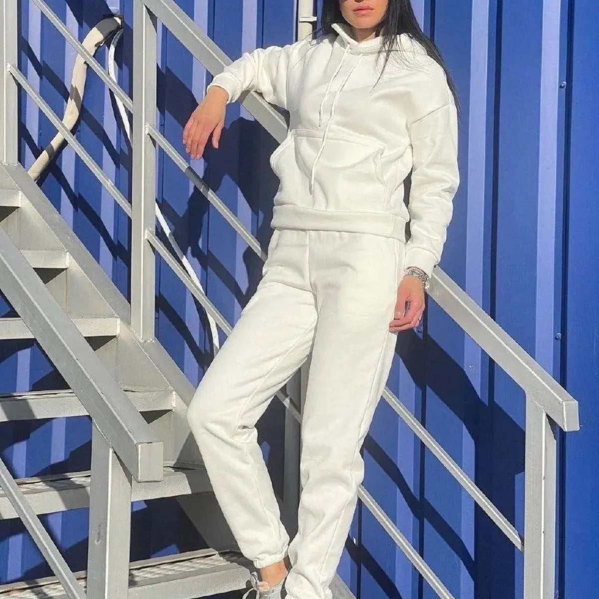 Women's Pocket Long-sleeved Hooded Sweatshirt Casual Set Autumn Winter New Solid Color Loose Sport Long Pants 2 Piece Set Female