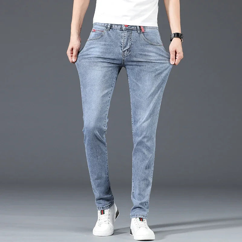 2024 New Men's Cotton Business Casual Skinny Jeans Trendy Fashionable Stretch Straight Slim Denim Trousers Male Blue Grey.