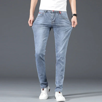 2024 New Men's Cotton Business Casual Skinny Jeans Trendy Fashionable Stretch Straight Slim Denim Trousers Male Blue Grey.