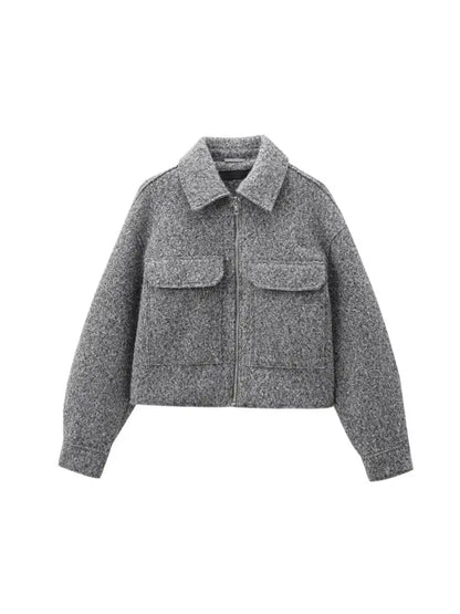 TRZA-Kurzjacke mit Taschen für Damen, Langarmmantel, Reißverschluss vorne, Damenoberbekleidung, schicke Oberteile, Mode
