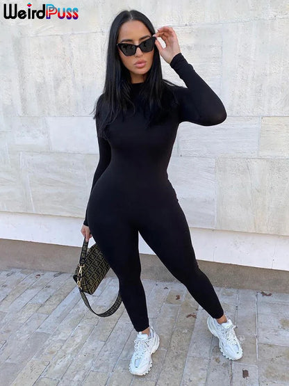 Weird Puss Fitness Skinny Jumpsuit Women O-Neck Full Sleeve Elastic Hight Zipper Sportswear Casual Rompers Streetwear Outfits.