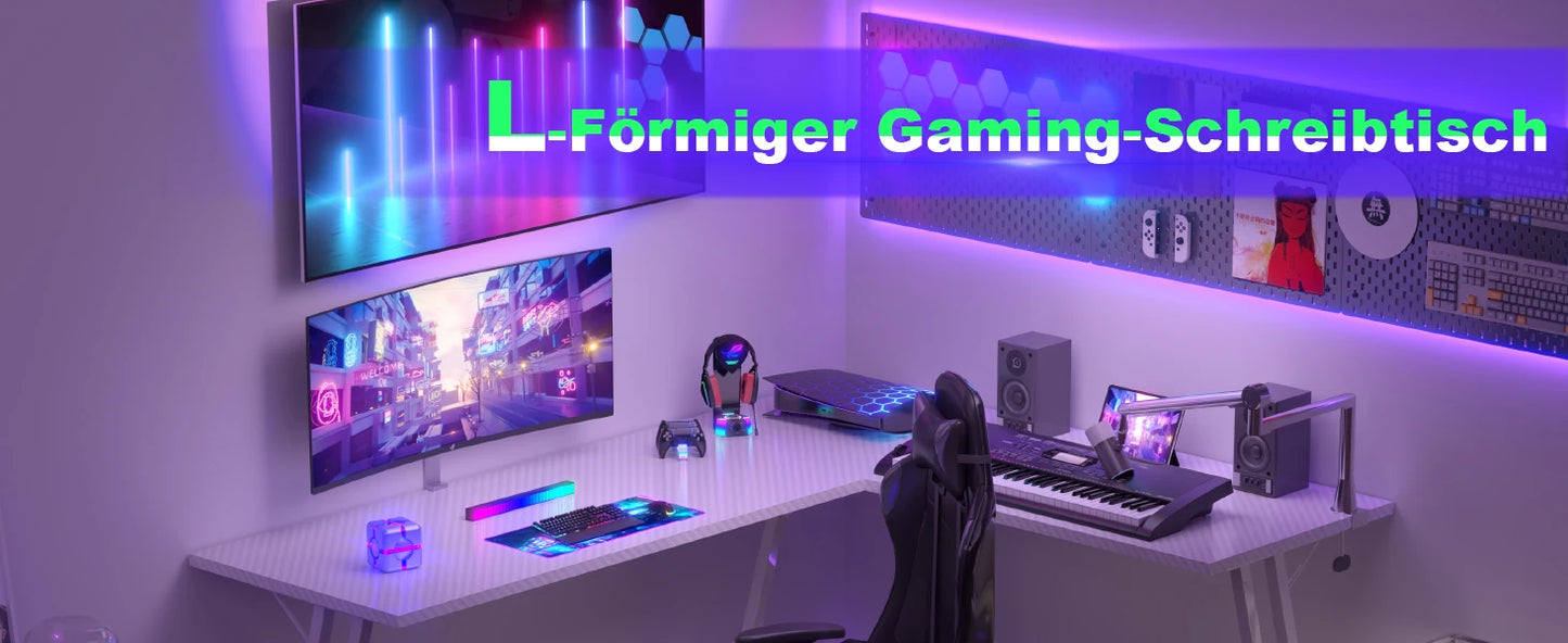 L-Form Gaming-Schreibtisch mit Monitorständer, großer PC-Computertisch für Gamer, Eckschreibtisch, Kohlefase