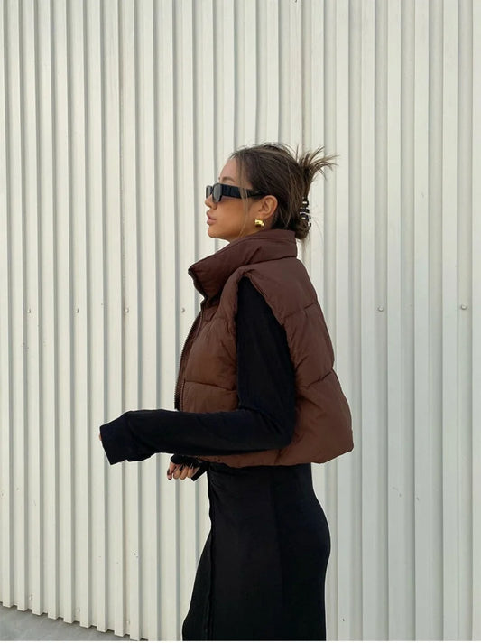 Herbst Winter Kurze Baumwolle Weste Elegante Solide Zipper Ärmel Stehkragen Warme Stepp Weste Mäntel Reise Jacke Im Freien
