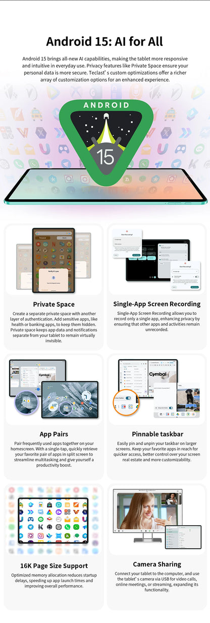 【New】 Android 15 Tablet Teclast P50AI 11 inch Screen 90Hz AllWinner A733-AI Octa-Core (6GB + 10GB )Max.16GBGB RAM 128GB LPDDR5 Wifi-6 7000mAh AI Tablet PC.