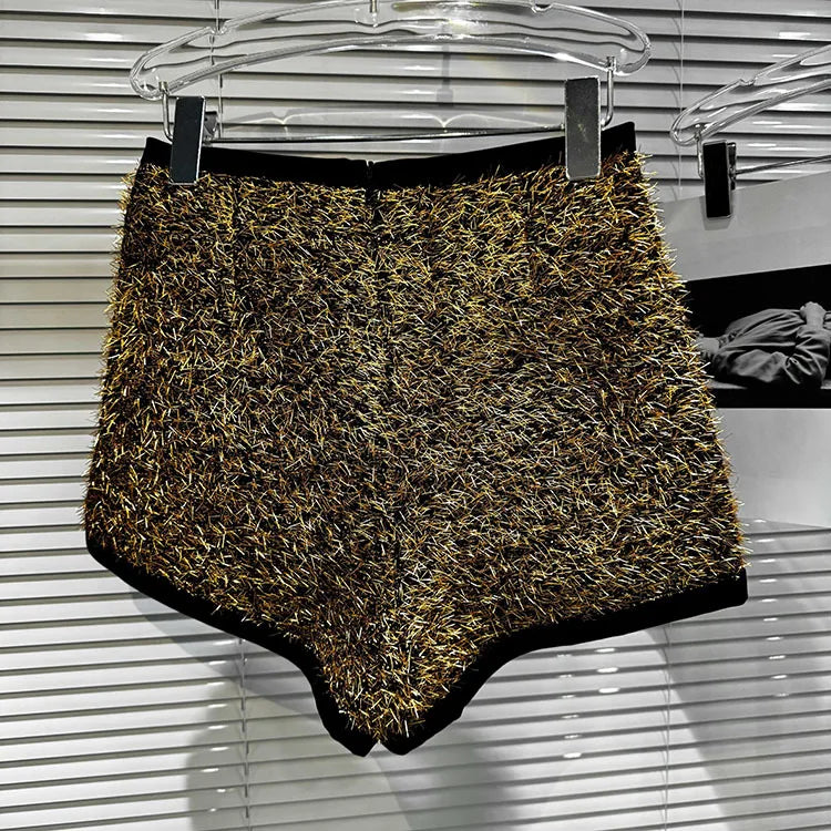 Trendy Women's Solid Color Bright Silk Woolen Shorts 2024 Autumn Fashion New Items High Waist Short Pants Female