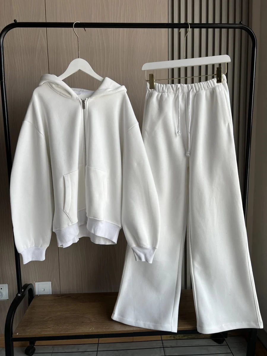 ETJ 2025 Fall/Winter new  women's casual sports oversized zipper hoodie wide leg mop sweatpants set 4174842.