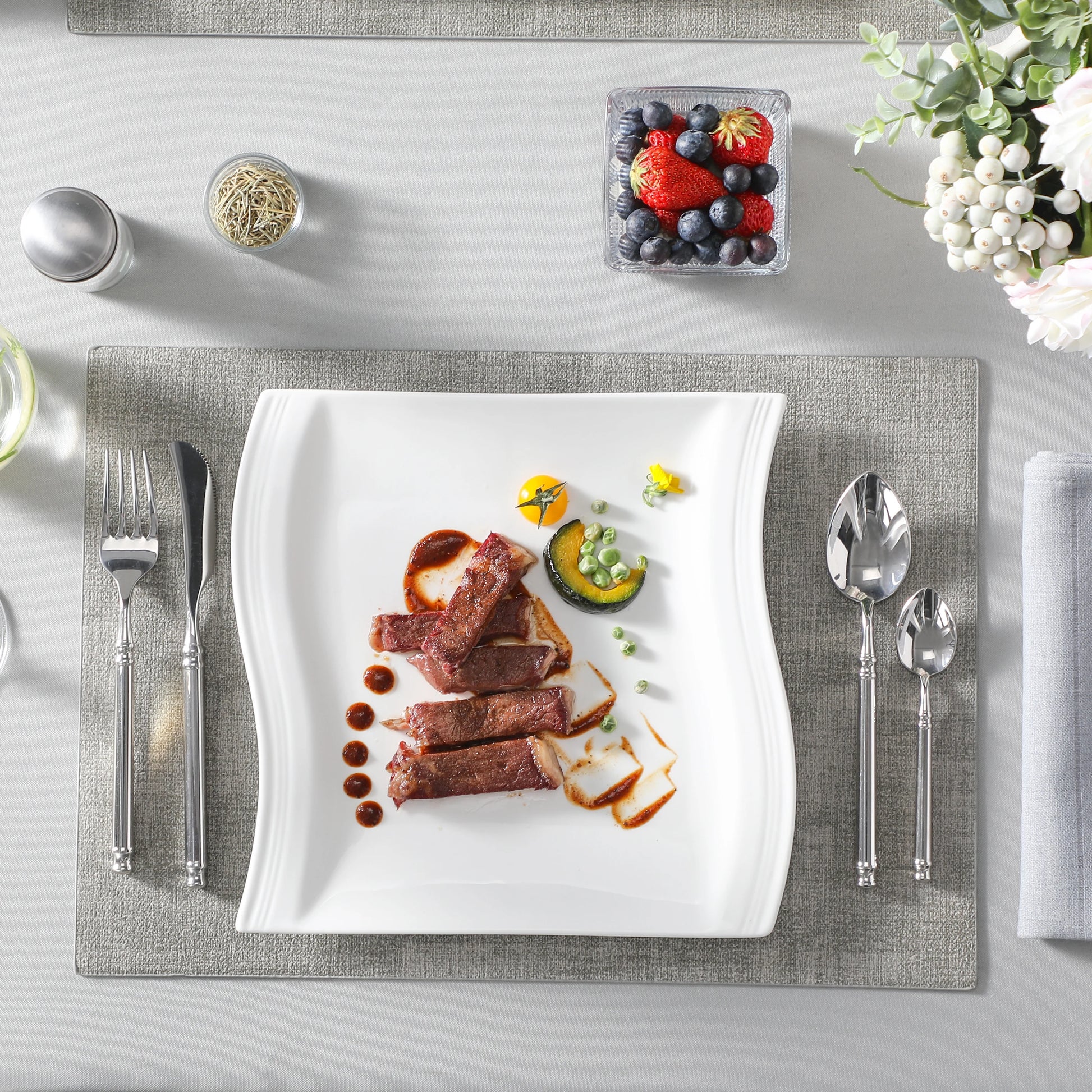 MALACASA 6/12 Piece Flora 10.25" Ivory White Porcelain China Ceramic Cream White Dinner Plates for Dinner/Cake/Beef/Pasta/Fruit.